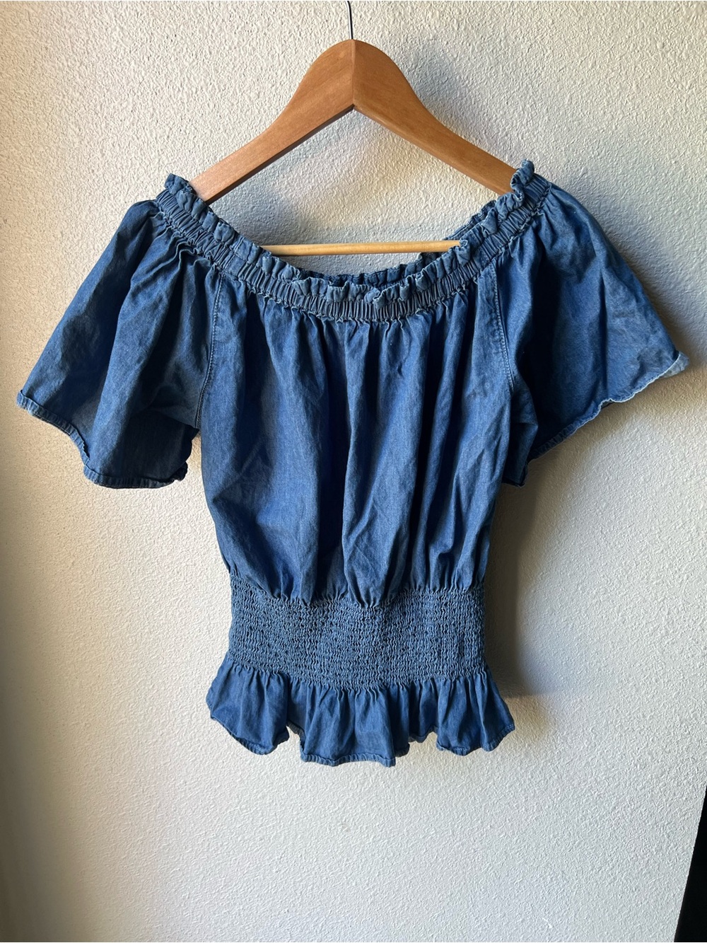 Women’s Denim Off-Shoulder Blue Smocked Waist Top